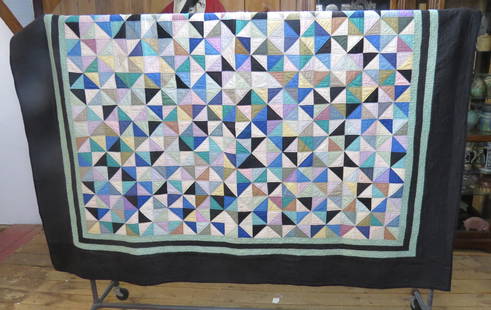 Amish Quilt with diamonds forming cube pattern: Amish Quilt with diamonds forming cube pattern surrounded by black border, 80&rdquo; x 76&rdquo;, excellent condition