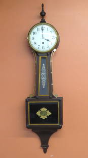 Waterbury weight driven banjo clock: Waterbury weight driven banjo clock with enameled dial, 42&rdquo; from top of finial to bottom has label reading Willard No. 2, 12284, has original key and pendulum. Wound to very top too tight, not r