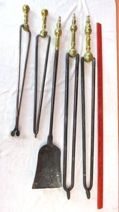 Lot period fireplace tools: Lot period fireplace tools, one pair steeple top shovel 28&rdquo; and tongs 32&rdquo;, odd steeple top tongs 34&rdquo;, 2 ball top tongs 20&rdquo;, all useable condition