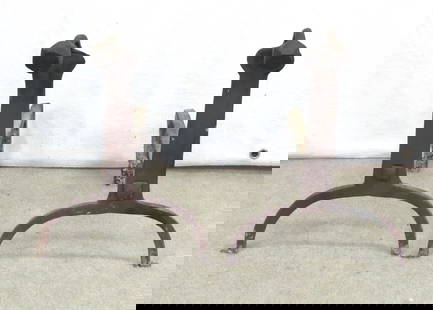 Pair wrought iron goose neck andirons: Pair wrought iron goose neck andirons, 17&rdquo; h., x 18&rdquo; d., good condition