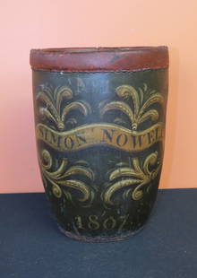 Leather paint decorated fire bucket: Leather paint decorated fire bucket No 1 “Simon Nowell&rdquo; 1807, paint in very good condition, handle is missing, 12 &frac12;&rdquo; h. x 9&rdquo; diameter open top