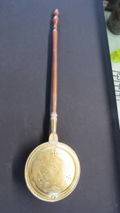 Brass bed warmer with turned handle: Brass bed warmer with turned handle, engraved brass lid, good condition, 41&rdquo; l. x 10 &frac12;&rdquo; pan diameter