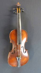Violin in coffin shaped wood case sold with one bow: Violin in coffin shaped wood case sold with one bow, body 14&rdquo;, overall length 23 &frac12;&rdquo;, label reads Fried. Aug. Glass Verfertight nach, Antonius Straduarius Fies, Fabrikat in Cremona 1