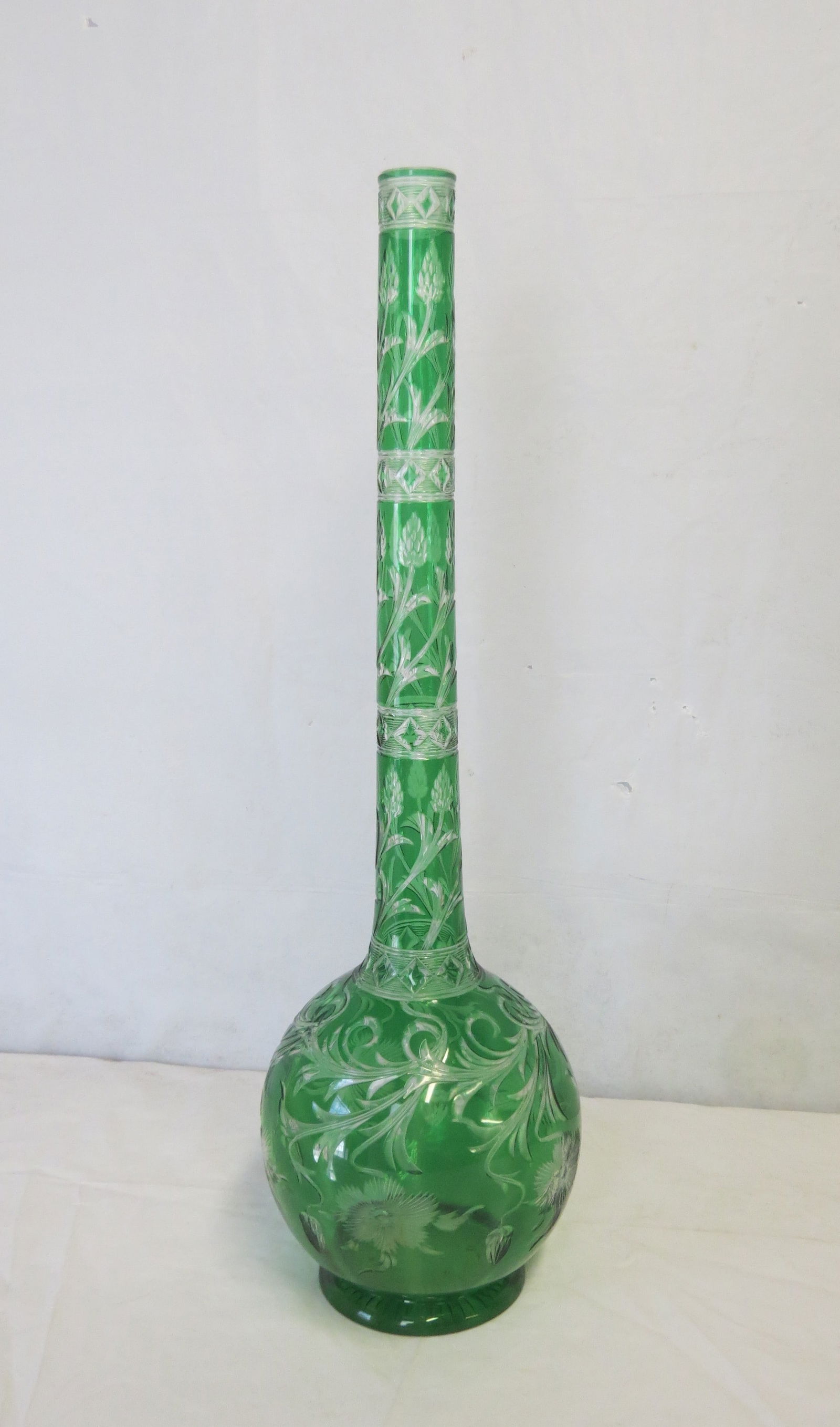 Engraved Stevens and Williams green overlay stem vase (1 of 5)