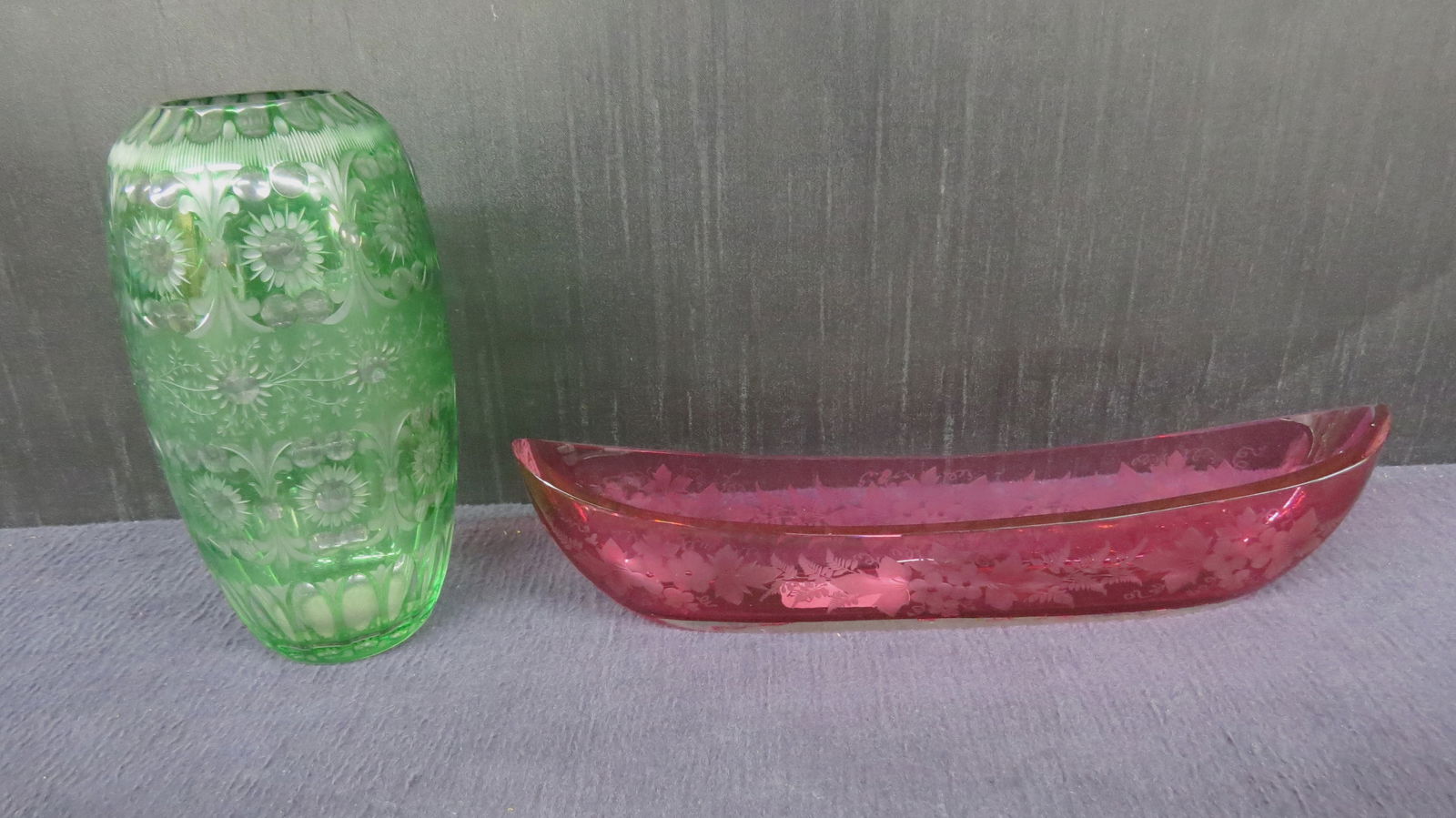 Engraved green to clear American Brilliant cut glass overlay vase sold with engraved cranberry canoe (1 of 4)