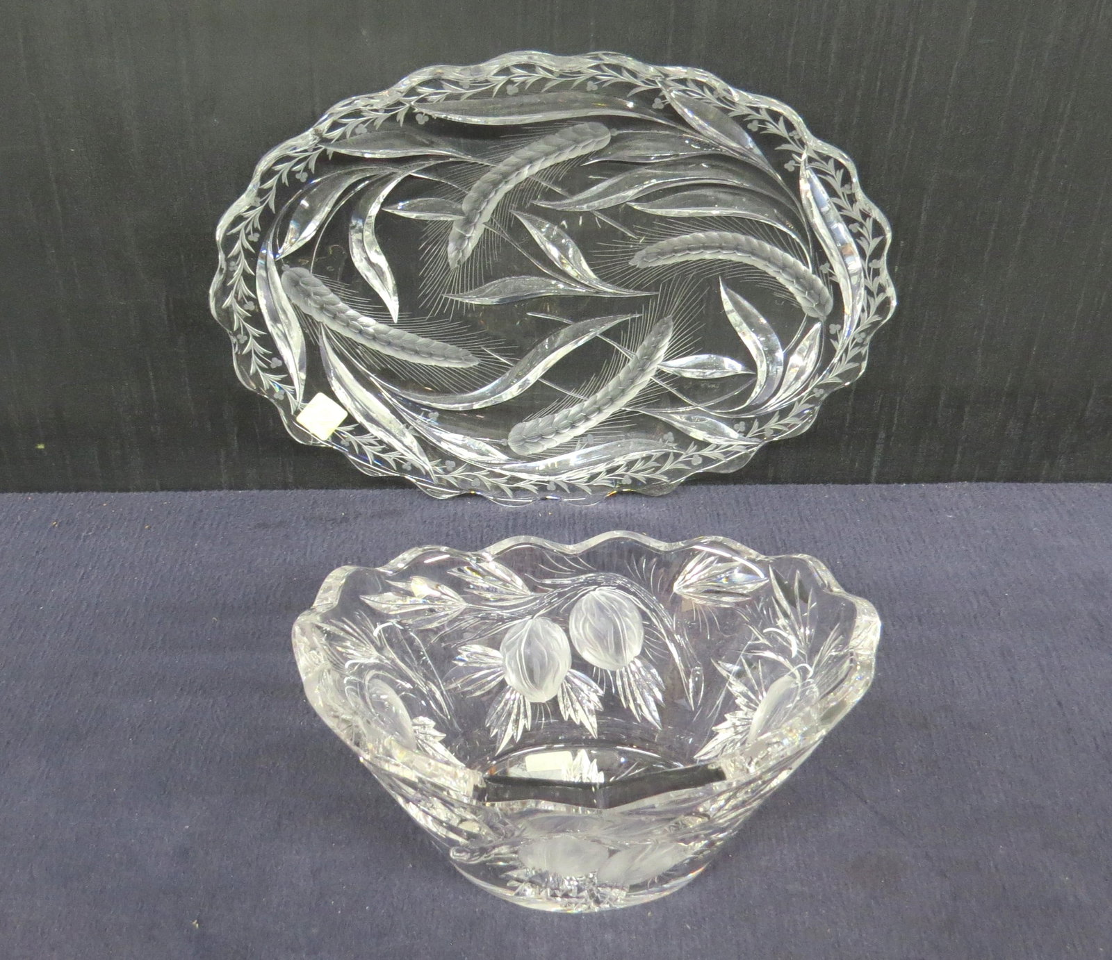 Two pieces American Brilliant cut glass Hawkes Gravic: Hawkes Gravic “Wheat” tray 13 ¼” x 10” excellent condition sold with Hawkes Gravic “Walnut” pattern, 8 ½” x 6” x 4 ½” h. excellent co