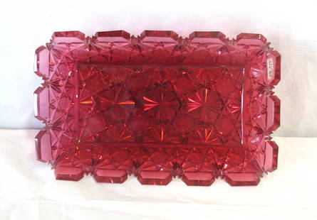American Brilliant cut glass Deep cranberry cut rectangular shallow bowl: American Brilliant cut glass Deep cranberry cut rectangular shallow bowl in Daisey and star lpattern, 10” x 6 ¼” x 2 ½” h. excellent condition