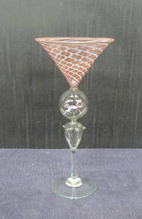 Contemporary art glass cocktail glass: Whimsical Bimini Austrian art glass swirl cocktail glass, excellent condition, 7 ½” h.