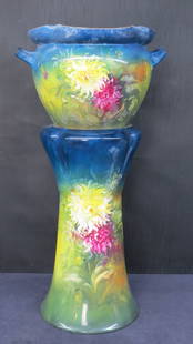 Royal Bonn jardinière: Royal Bonn jardinière, 32” h. signed with Franz Anton Mehlem, Bonn Germany, no cracks but there are two small chips on inside rim, some internal discoloration.