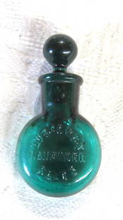 Luscomb’s Lavender Salts with stopper: Miniature Victorian green perfume bottle, Luscomb’s Lavender Salts with stopper, 2 ½” tall with stopper, excellent condition