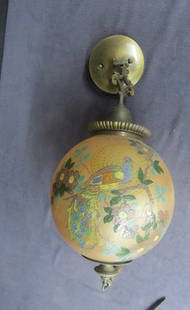 One of two Handel hanging hall lamps: One of two Handel hanging hall lamps with reverse painted ball shade in Peacock pattern, signed Handel 7259 Walter, top opening 3 &frac12;&rdquo; base opening 3 &frac34;&rdquo; overall from ceiling pl