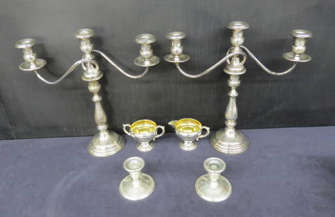 Weighted sterling silver candelabra, weighted sugar and creamer, pair candle holders: Weighted sterling silver candelabra 13 &frac12;&rdquo; h., weighted sugar and creamer with gold wash 2 &frac34;&rdquo; h., pair candle holders 3&rdquo; h.