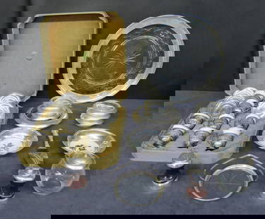 Lot sterling and glass/porcelain combination pieces: Lot sterling and glass/porcelain combination pieces, Lenox demi-tasse cups and saucers 8.6 troy ounces, cut glass and sterling 13&rdquo; tray, coaster set, 2 porcelain and sterling bowls, cake server