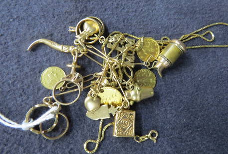 Lot gold charms and two gold coins: Lot gold charms and two gold coins marks are 10K, 14K and 18K, total weight 19.64 dwt