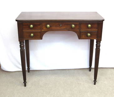 Period Salem dressing table: Period Salem dressing table made of mahogany oak and pine, reeded legs supporting five drawers with brass pulls and molded top 36” w. x 16 ¾” d. x 32” h. case is 34 ¾&r