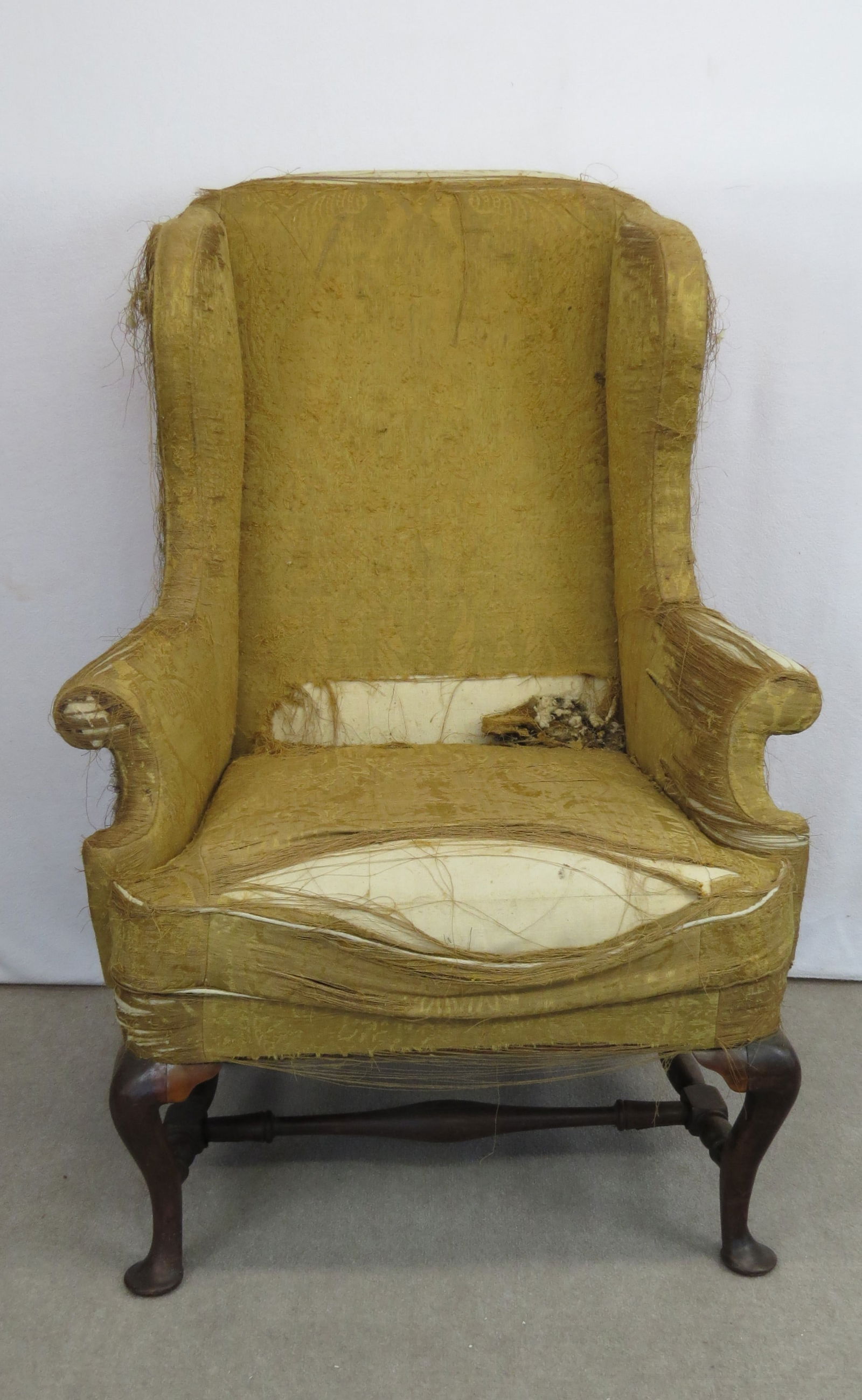 Queen Ann wing chair with cherry cabriole leg and duck foot, stretchers look like sycamore, Has some (1 of 13)