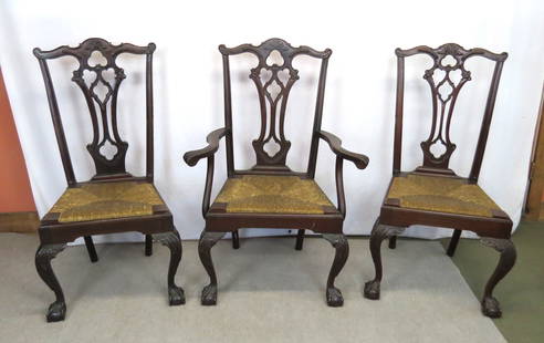 Set 12 custom claw and ball foot dining chairs: Set 12 custom claw and ball foot dining chairs, two arm and 10 side chairs, some have repairs,