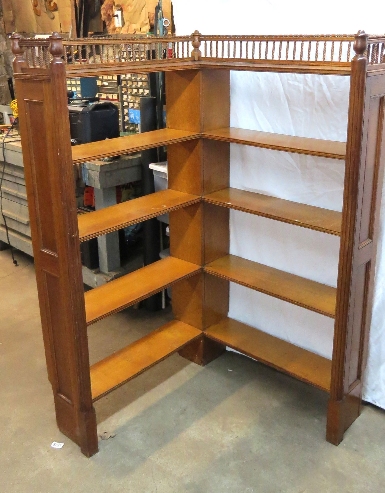 Unusual oak corner open bookcase (1 of 5)
