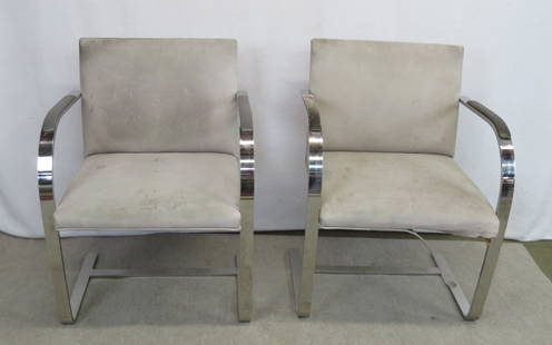 Pair Mid Century Modern Knoll chrome arm chairs: Mid Century Modern Knoll chrome arm chairs, designed by Mies Van Der Rohe, 31&rdquo; h. x 17 &frac12;&rdquo; seat height, x 23 &frac12;&rdquo; w. upholstery in need of restoration.