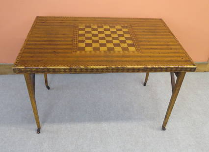 Folding parquet game table: Folding parquet game table, has inlaid checkerboard surrounded with diamond inlay inside strips of alternating woods with measuring yard stick and inlaid boarder, 37 &frac14;&rdquo; w. x 25&rdquo; d.