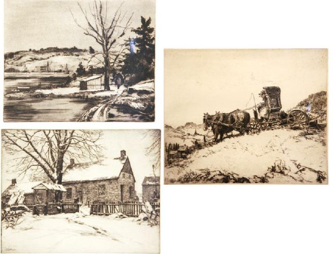 Taylor, Wright, Summers: Lot of Three: John Taylor (1897-1983): Winter, c. 1940, Drypoint Etching, 8" x 9 1/2", Signed Lower Right, Framed. George Wright (1860-1942): Horse and Buggy, c. 1945, Drypoint Etching, 9" x 12", Sign