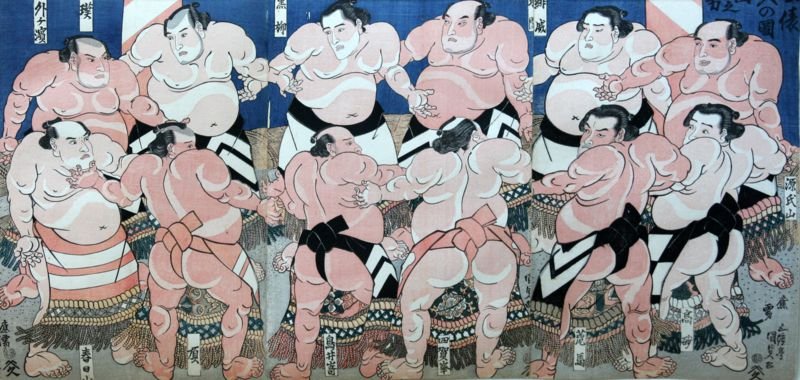 Toyokuni III (1786-1865): Triptych: Twelve Wrestlers, Woodblock Print, 14" x 29", Signed Lower Right, Framed. All identifiable Suno stars of the period.