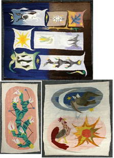 Anton Refregier (1905-1979): Woodstock Tapestry Group (three pieces) c. 1955; Woven Dyed Wool; 66" x 74", 73" x 46", 23" x 45"; NA, Unframed. From Rotron Corp. Commissioned by Jacque Van Rijn. Reserve.