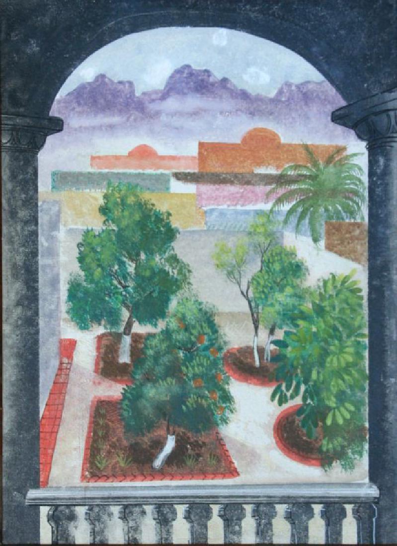 Konrad Cramer (188-1963): Courtyard View,c. 1935, Gouache on Board, 24" x 18", NA, Framed. Inscribed on verso: "Gouache painting by my father, Konrad Cramer" Aileen B. Cramer.