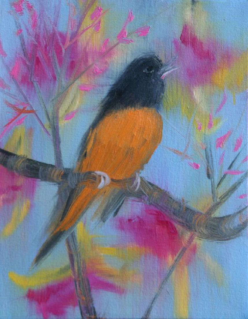 Ann Craven (b. 1969): Robin on Branch, 2011, Oil on Canvas, 14" x 11", NA, Unframed. Includes personal note to Ed Baynard: "Dear Ed, Here is the painting! Ann will sign it later, when she comes back from Maine. All the bes