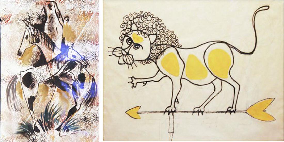 Cramer, Attributed to Turnbull: Lot of Two: Konrad Cramer (1888-1964): Wild Horses, May 28, 1953, Ink and Watercolor on Paper, 19" x 12", Signed Lower Right, Framed. Attributed to James Turnbull (1909-1976): Study for Weathervane (L