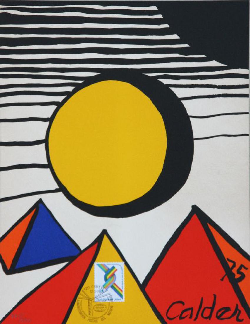 Alexander Calder (1898-1976): UN Commissioned Lithograph with Swiss Postal Stamp, 1975, Color Lithograph, 11" x 8 1/2", Edition: 335/1500, Signed Lower Right in Plate, Unframed. Klein Collection.