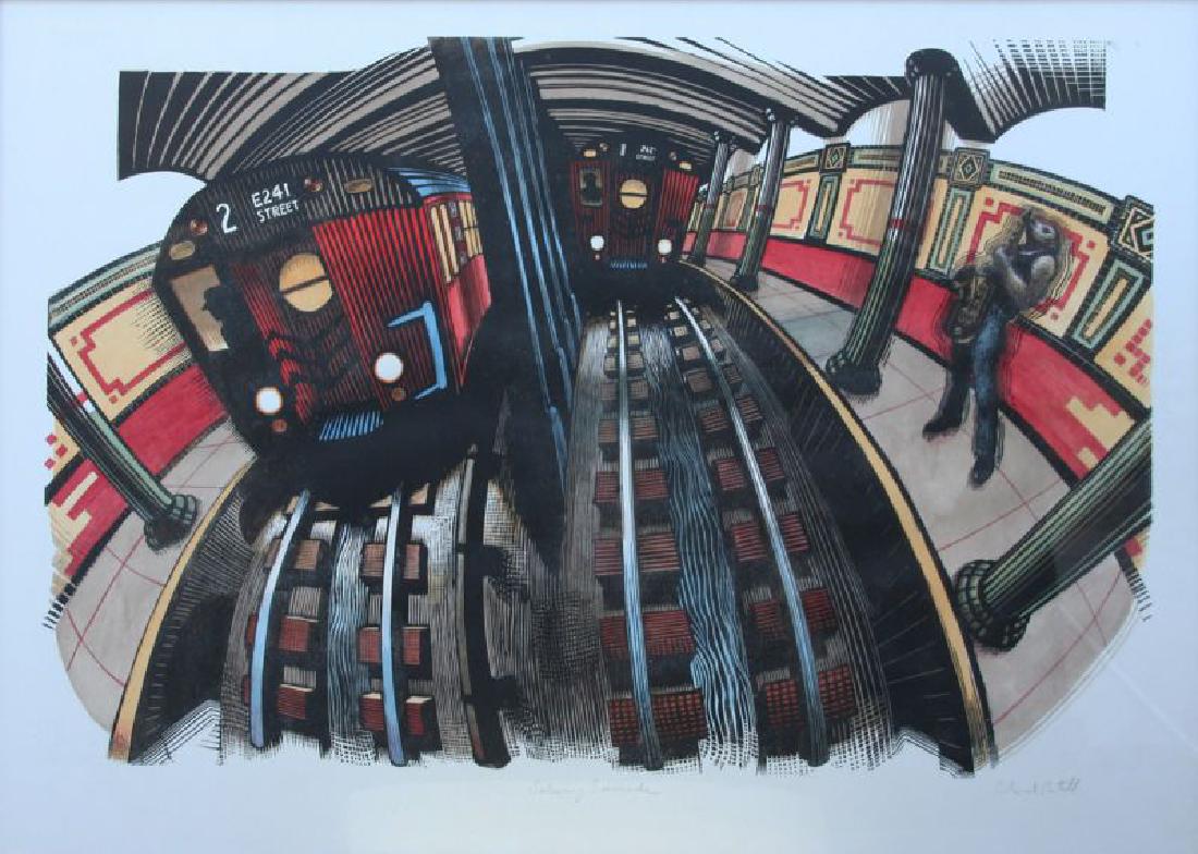 Rick Pantell (20th Century): Subway Serenade, 2005, Linoleum Cut, 24" x 36", Signed Lower Right, Framed.