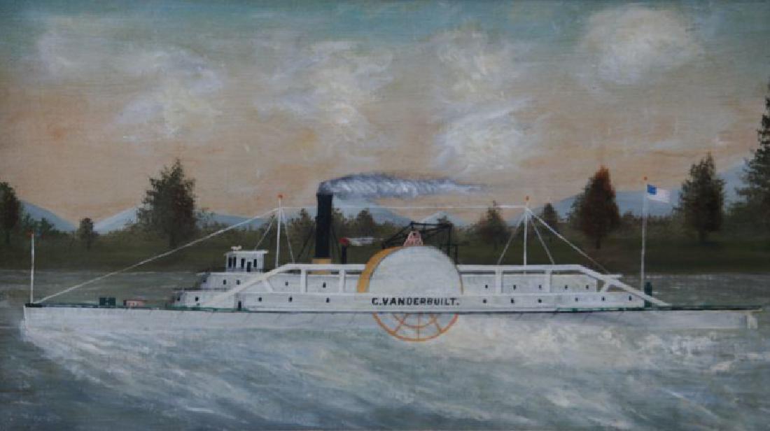 Unknown American: Riverboat (C."Vanderbuilt") Oil on Canvas, 14" x 25", Unsigned, Framed.