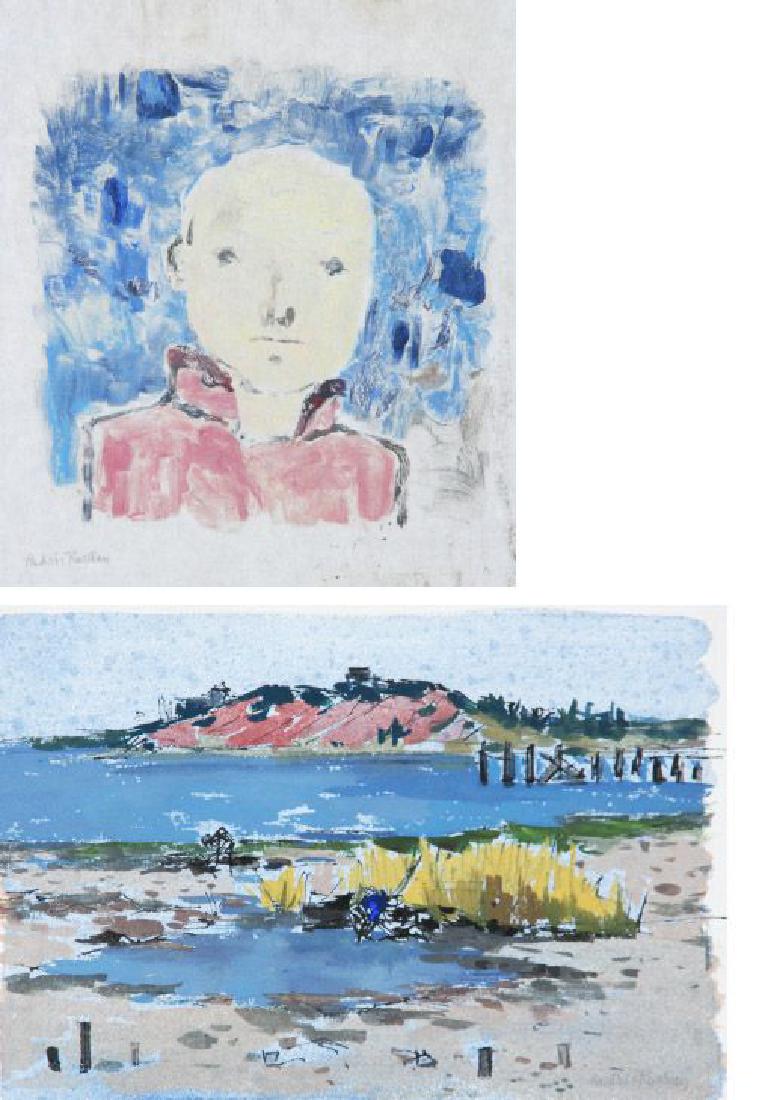 Andree Ruellan (1905-2006): Lot of Two: By the Dock, c. 1970's, Gouache on Paper, 6" x 9", Signed Lower Right, Unframed; Portrait, c. 1970, Monoprint, 8 x 8"', Signed Lower Left, Unframed. A. Page from sketch book. Accompanied b