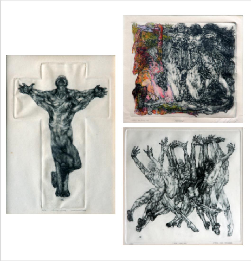 John Silk Deckard (1938 - 1994): Lot of Three: Crucifixion, 20th C, Etching, 8.5" x 5.5", Signed Lower Right, Edition: 3/20, Framed; Manwich, Monotype, 7" x 8", Signed Lower Right, c. 1980, Framed; Mob Rapture, Etching, c. 1980, 9" x