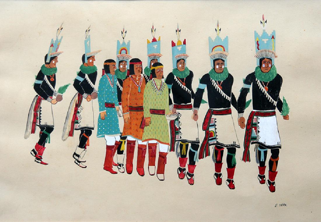 Emeliano Yepa (20th century): Native American Dance, c. 1950, Tempera on Paper, 11" x 16.5", Signed Lower Right, Framed