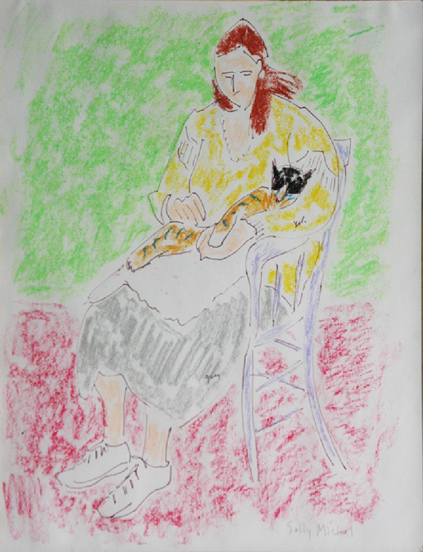Sally Avery Michel (1902 - 2003): Lap Cat, 1990, Ink and Crayon on Paper, 13.5" x 10.5", Signed Lower Right, Framed