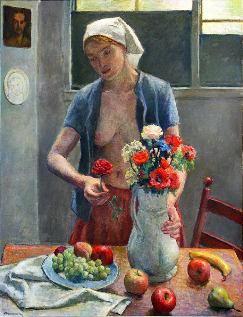 Robert Brackman (1898-1980): Life and Still Life in Shadows, Oil on Canvas, 36" x 38", Signed Lower Right, Framed. Inscribed on verso: "Life and Still Life in Shadows, Robert Brackman, Norwalk, Conn.