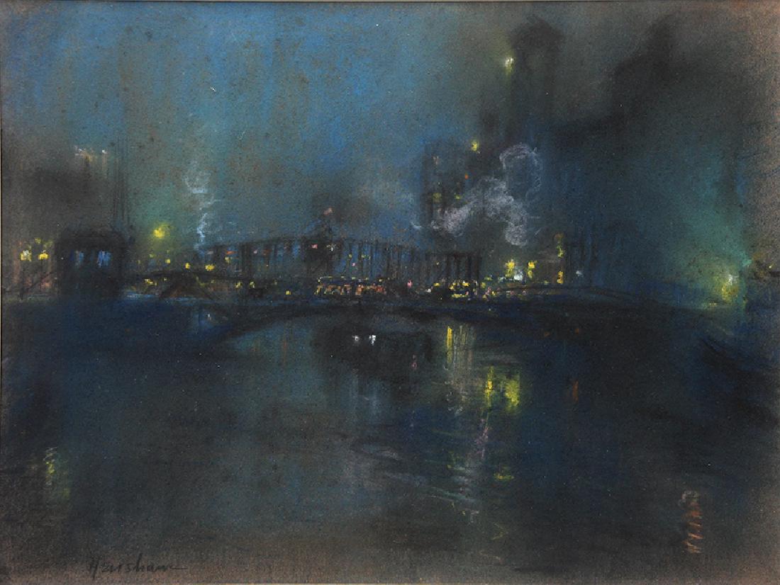 Glenn Cooper Henshaw (1880-1946): Manhattan Nocturne, c. 1915, Pastel on Paper, 12" x 16", Signed Lower Left, Framed