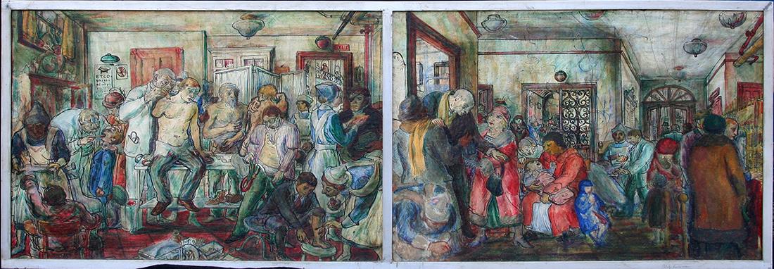 Philip Reisman (1904-1972): Clinic, 1921, Double Paneled Egg Tempra on Board, 13" x 19.5" (each), Signed Lower Right on Frame. Mural study for Bellvue Hospital. Exhibition Label from Yaddo on Verso. James Cox Gallery, Woodstock,
