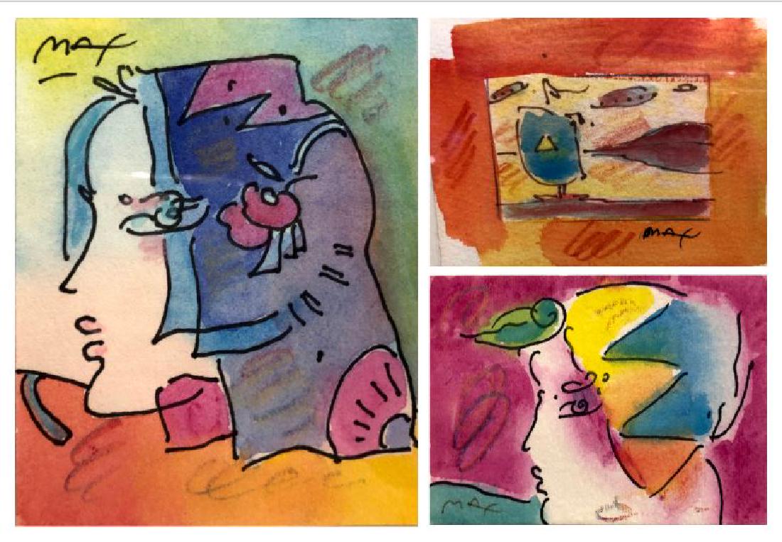 Peter Max (b. 1937): Lot of Three: "Woman - Portrait", c. 1994, Ink/ Ink Wash on Paper, 4" x 3", Signed Upper Left; "Sailboat Series, '94, VI #4" 1994, Ink/Ink Wash/Crayon on Paper, Signed Lower Right; Pro Ser., '94, V.,