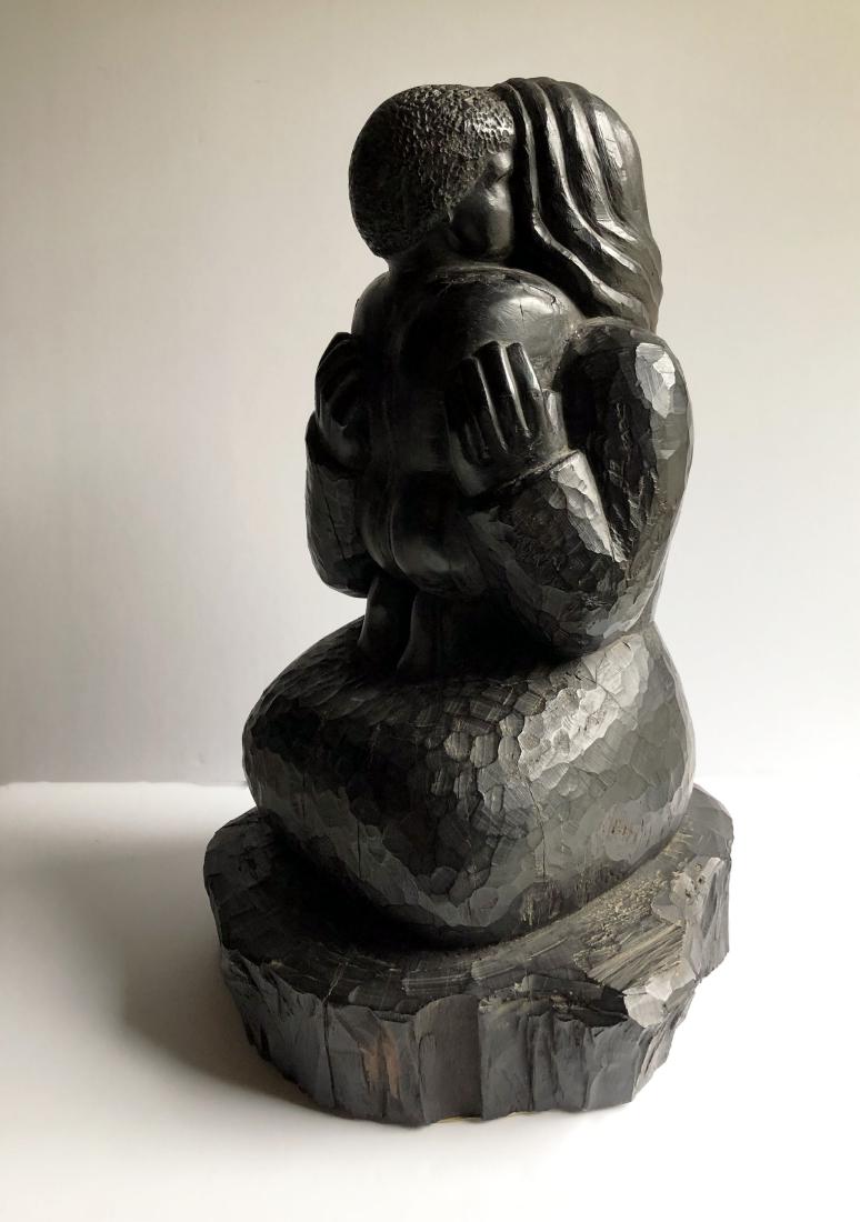 Harvey Fite (190-1976): Jamaican Mother and Child, 1945, Carved Ebony - Lignum, Vitai Size 13" x 10", Signed Lower Back "Fite". Syd Deutsch Gallery, NYC, label on bottom. Albany Art Institute 1947 exhibition label on bottom.
