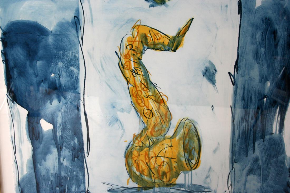 Claes Oldenburg (b. 1929): Soft Saxophone, 1992, Color Lithograph, 35" x 43.25", Signed Lower Left/Initialed "C.O.", Framed. Reserve.