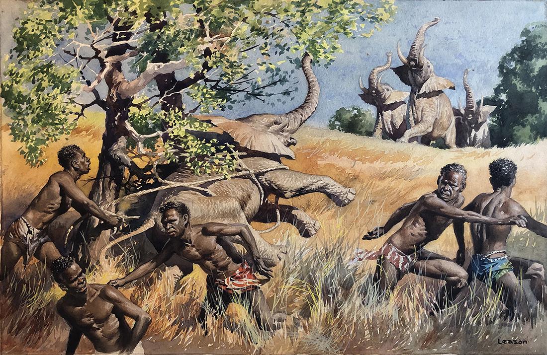 Percy Alexander Leason (1889-1959): Elephant Hunt Scene, c. 1950, Watercolor on Board, 12" x 18.25", Signed Lower Right, Unframed