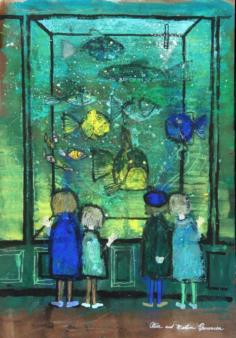 Alice and Martin Provensen (20th C): At the Aquarium, Gouache on Board, 14" x 9.5", Signed Lower Right, Unframed
