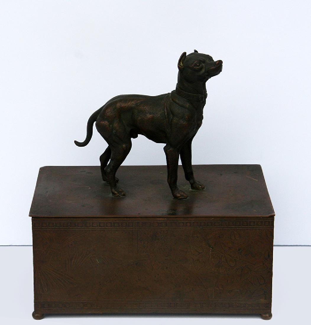 Meridan B. Company: Hunting Dog Humidor, Bronze, c. 1920, 6.75"H x 6"W x 3.5"D, Box: 6"W x 2.5"H x 3.5"D; Meridan B. Company stamp on bottom.