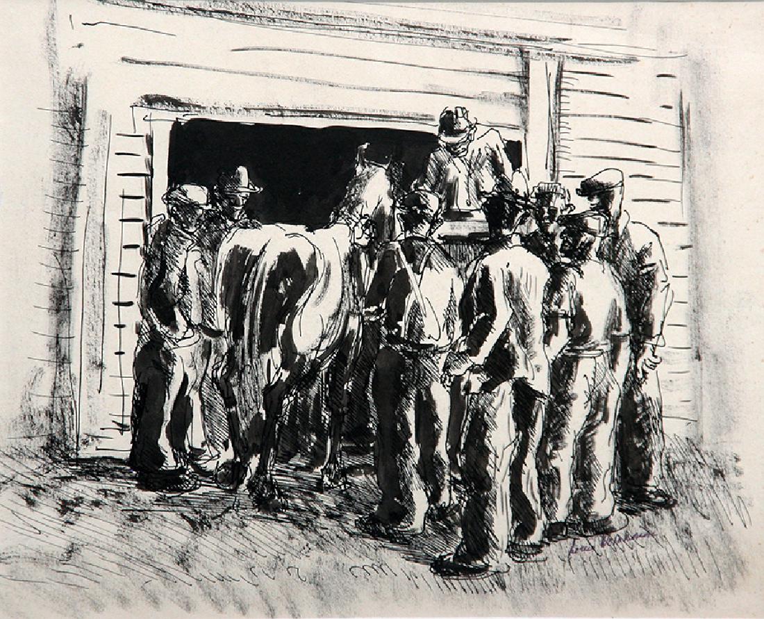 Louis Wolchonok (1898-1973): Country Auction, c. 1940, Ink on Paper, 7.75" x 9.5", Signed Lower Right, Framed