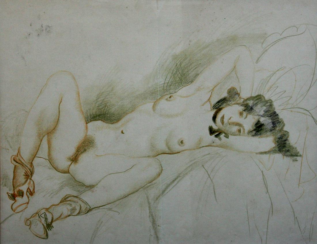 Emile Ganso (1895-1941): Reclining Nude, c. 1935, Charcoal and Conte on Paper, 16" x 21", Unsigned, Unframed