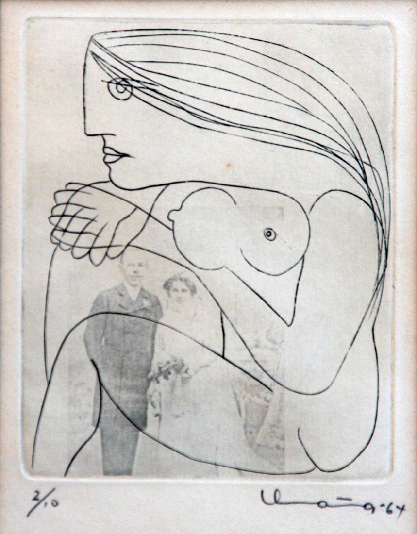 Rafael Alfonso Umana Mendez (1904-1994): Nude Woman with Bridal Photo, 1964, Etching, 5.5" x 4.5", Signed Lower Right, Edition: 2/10, Unframed.