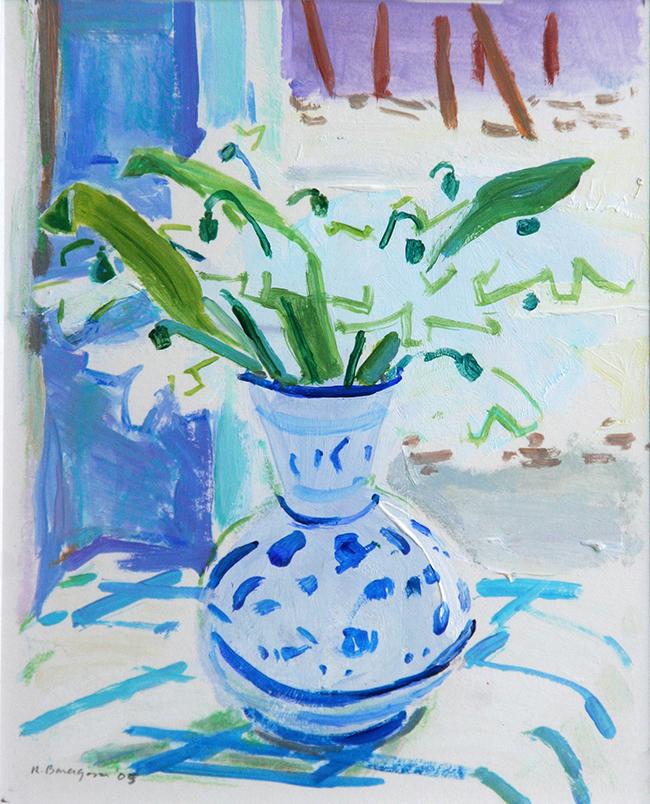 Ruth Baragona: "Meditation on Snowdrops", 2005, Acrylic on Paper, 6.5" x 5", Signed Lower Left, Framed.